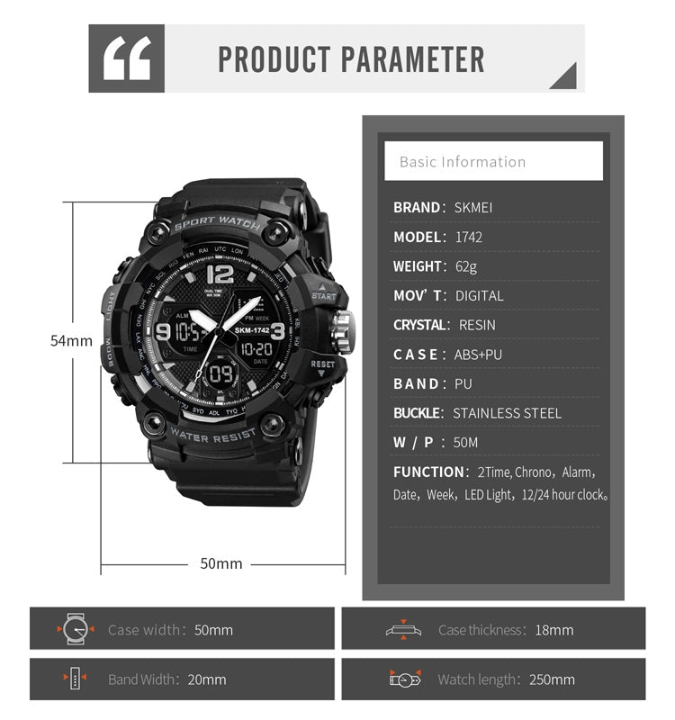SKMEI 1742 Four-screen LED Digital Display Luminous Sports Shockproof Electronic Watch for Men