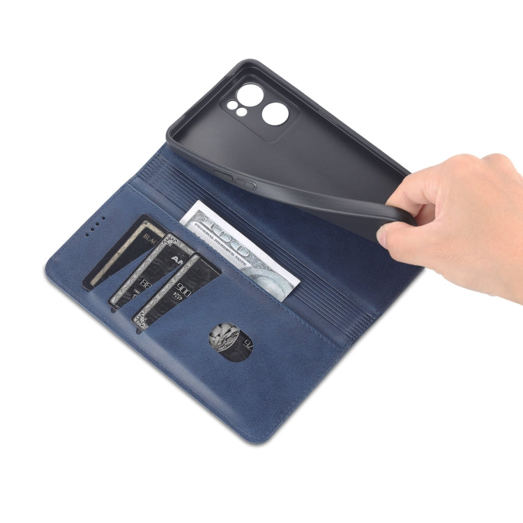 For OPPO Reno7 Global AZNS Magnetic Calf Texture Flip Leather Phone Case(Dark Blue)