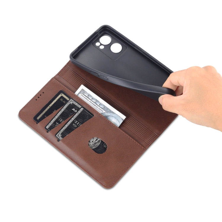 For OPPO Reno7 Global AZNS Magnetic Calf Texture Flip Leather Phone Case(Dark Brown)
