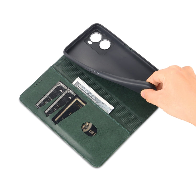 For OPPO A57 5G/Realme Q5i/Realme V23 AZNS Magnetic Calf Texture Flip Leather Phone Case(Dark Green)