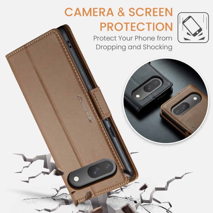 For Google Pixel 10 / 10 Pro / 9 CaseMe 023 Butterfly Buckle Litchi Texture RFID Anti-theft Leather Phone Case(Brown)