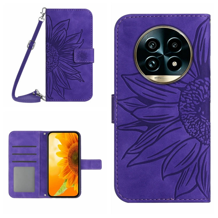 Skin Feel Sun Flower Embossed Flip Leather Phone Case with Lanyard, For Realme 13+ 5G Global, For Realme 13 Pro 5G / 13 Pro+ 5G