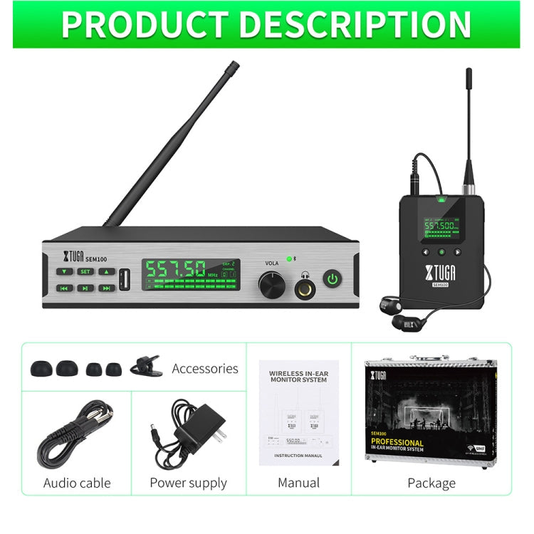 XTUGA SEM100 Professional Wireless In Ear Monitor System 2 BodyPacks(US Plug)