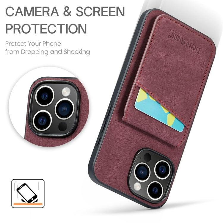For iPhone 16 Pro Fierre Shann Crazy Horse Card Holder Back Cover PU Phone Case(Wine Red)