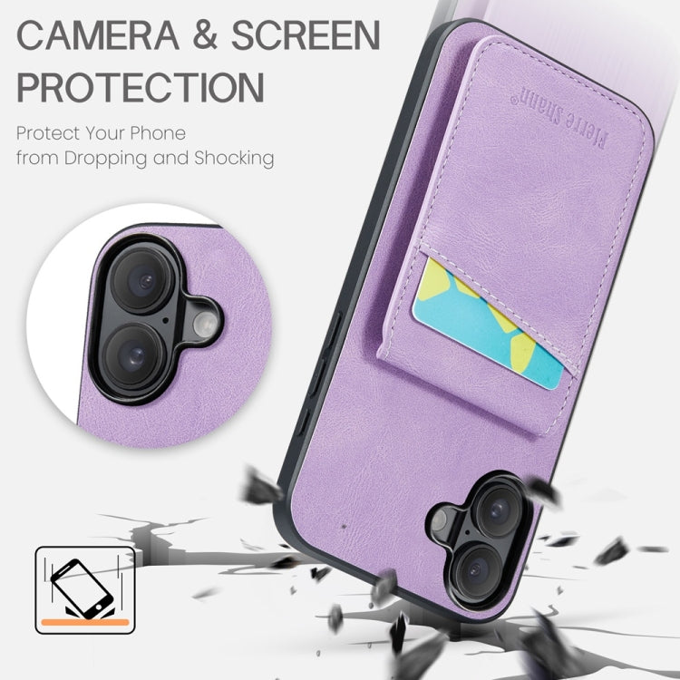 For iPhone 16 Plus Fierre Shann Crazy Horse Card Holder Back Cover PU Phone Case(Purple)