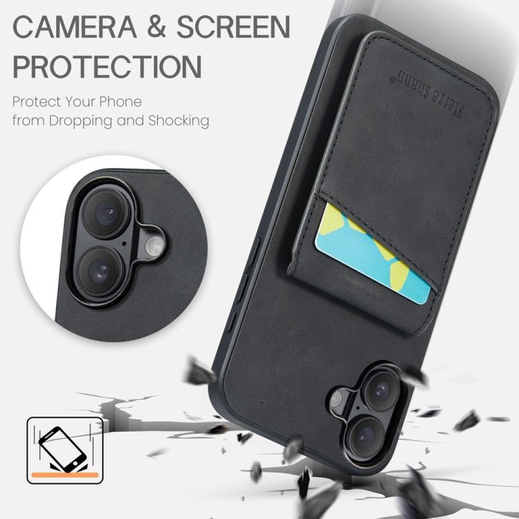 For iPhone 16 Fierre Shann Crazy Horse Card Holder Back Cover PU Phone Case(Black)
