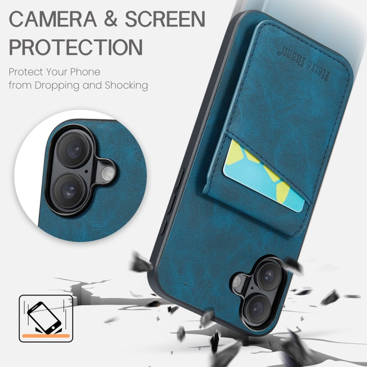 For iPhone 16 Fierre Shann Crazy Horse Card Holder Back Cover PU Phone Case(Blue)