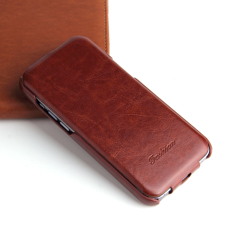 For iPhone 15 Pro Max Fierre Shann Oil Wax Texture Vertical Flip PU Phone Case(Brown)