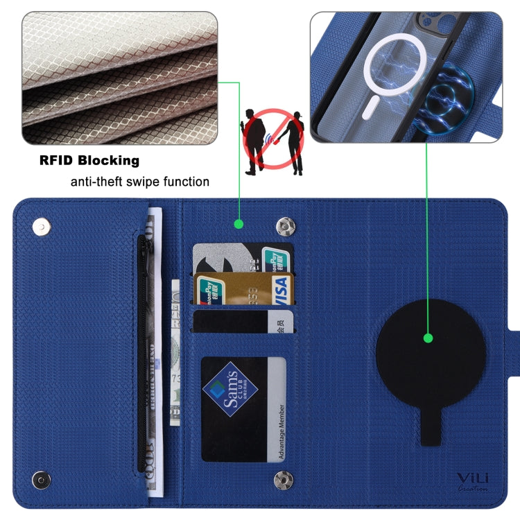 For iPhone 13 ViLi GHB Series MagSafe Magnetic Zipper Leather Phone Case(Blue)