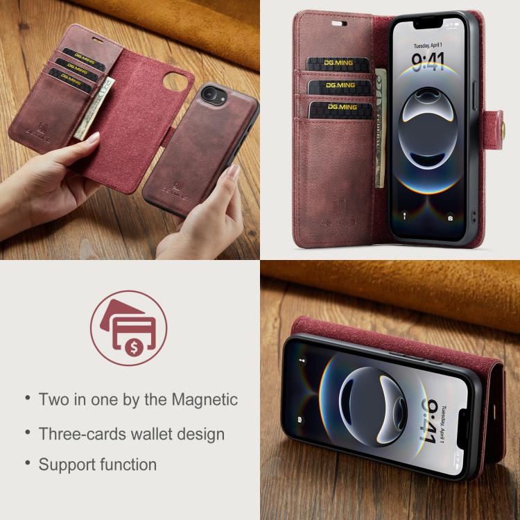For iPhone 17e / 16e DG.MING Crazy Horse Texture Detachable Magnetic Leather Phone Case(Red)