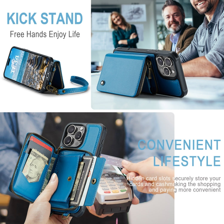 For iPhone 16 Pro JEEHOOD C22 Series Zipper Wallet Leather Phone Case with Dual Lanyard(Blue)