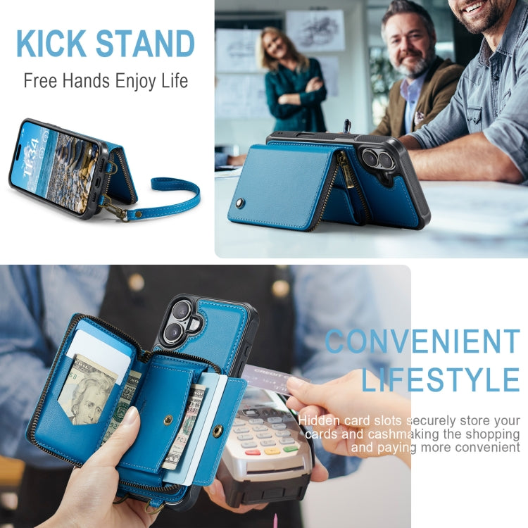 For iPhone 16 JEEHOOD C22 Series Zipper Wallet Leather Phone Case with Dual Lanyard(Blue)