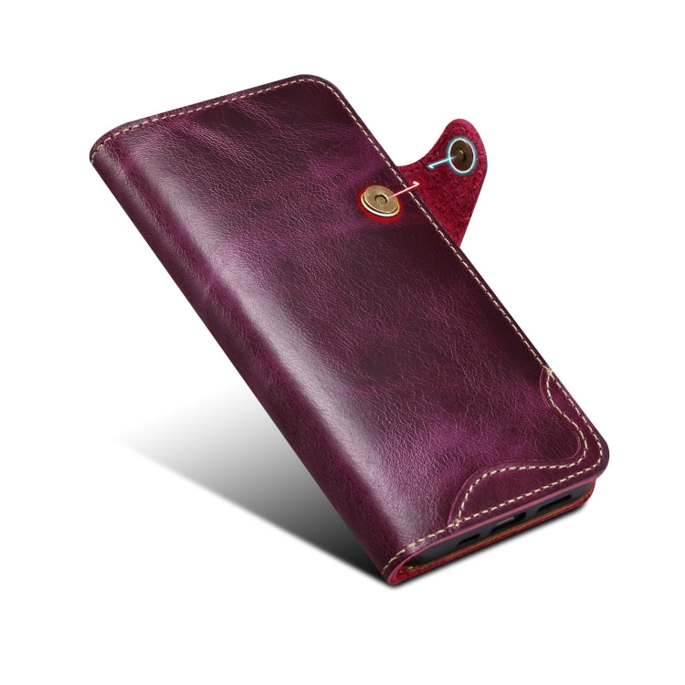 For iPhone 15 Pro Max Denior Oil Wax Cowhide Magnetic Button Genuine Leather Case(Purple)