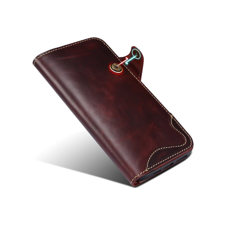 For iPhone 15 Denior Oil Wax Cowhide Magnetic Button Genuine Leather Case(Dark Red)