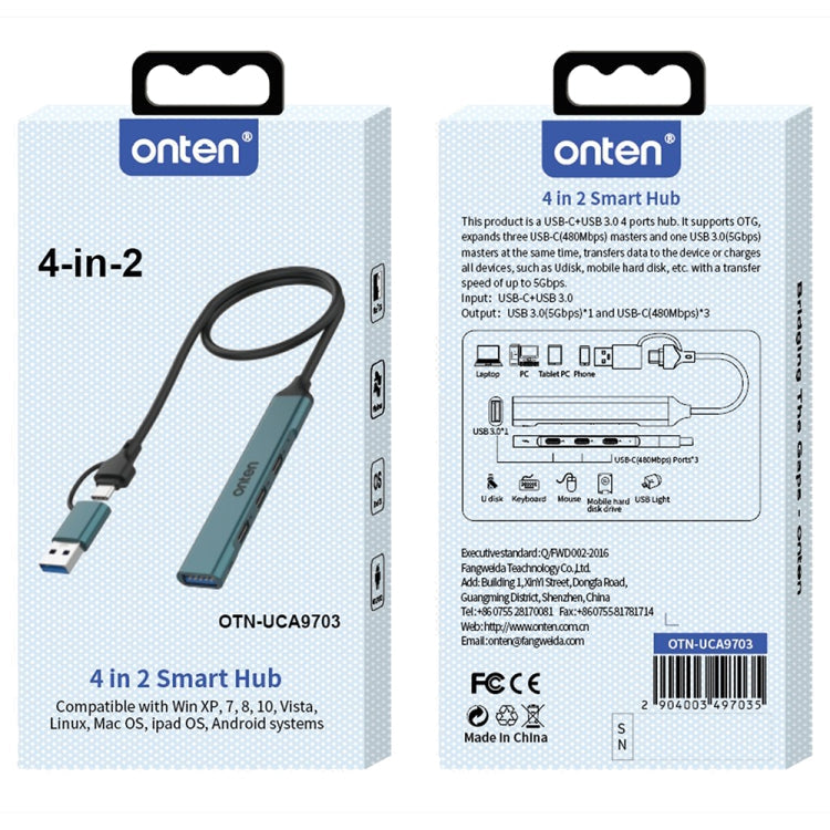 Onten UCA9703 4 in 2 USB 3.0 + Type-C to 3 Type-C + USB HUB Docking Station (Pine Needle Green)