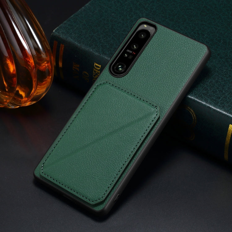 For Sony Xperia 1 V Denior Imitation Calf Leather Back Phone Case with Holder(Green)