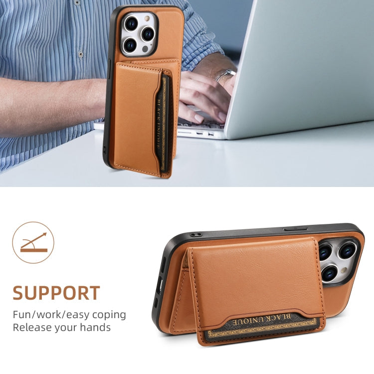 For iPhone 14 Denior Cowhide Texture Leather MagSafe Detachable Wallet Phone Case(Khaki)