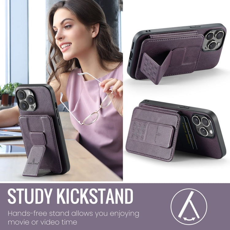 For iPhone 13 Pro Fierre Shann Oil Wax Cow Leather Card Holder Back Phone Case(Purple)
