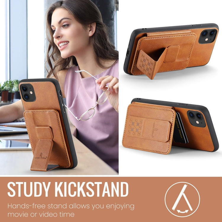 For iPhone 11 Pro Max Fierre Shann Oil Wax Cow Leather Card Holder Back Phone Case(Brown)