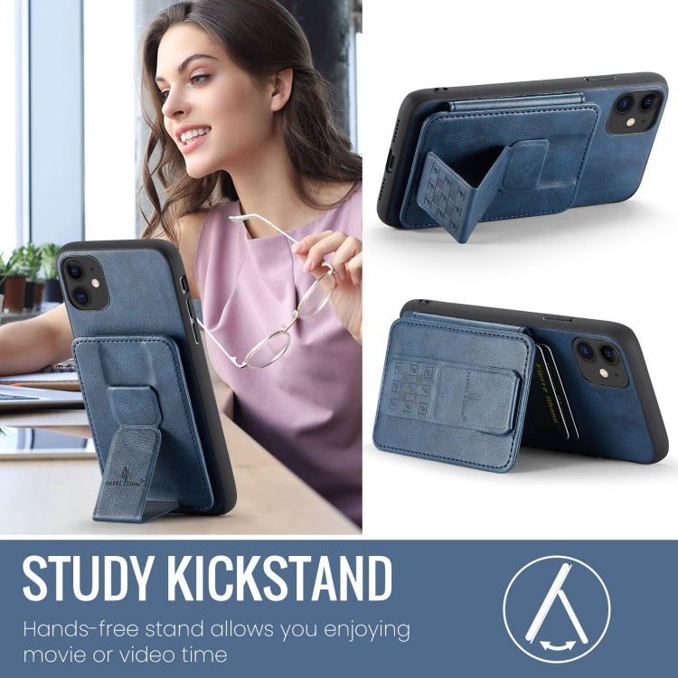 For iPhone 11 Fierre Shann Oil Wax Cow Leather Card Holder Back Phone Case(Blue)