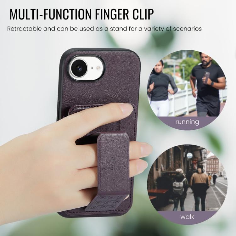For iPhone 17e / 16e Fierre Shann Oil Wax Cow Leather Card Holder Back Phone Case(Purple)
