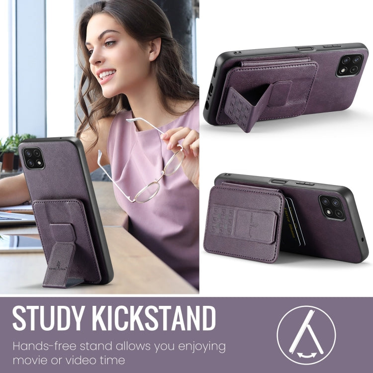 For Samsung Galaxy A22 5G Fierre Shann Oil Wax Cow Leather Card Holder Back Phone Case(Purple)