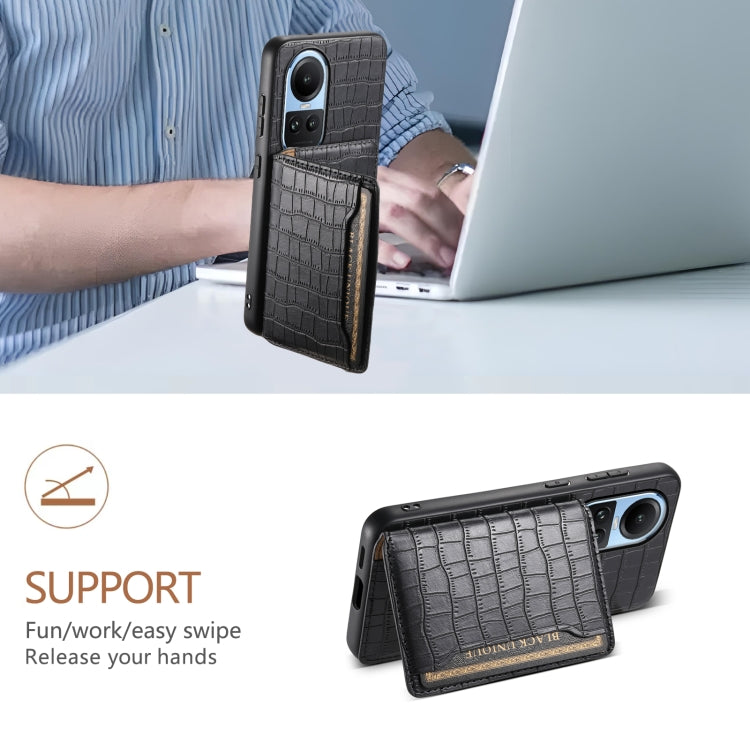 For OPPO Reno10 5G Global Crocodile Texture Card Bag Design Full Coverage Phone Case(Black)
