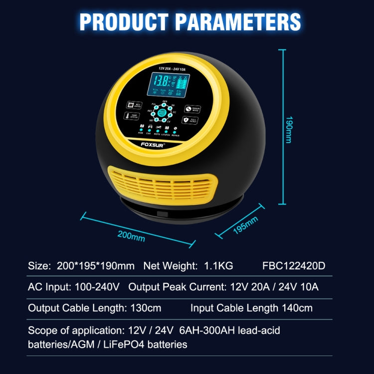 FOXSUR 20A 12V 24V Car / Motorcycle Smart Battery Charger, Plug Type:US Plug(Yellow)