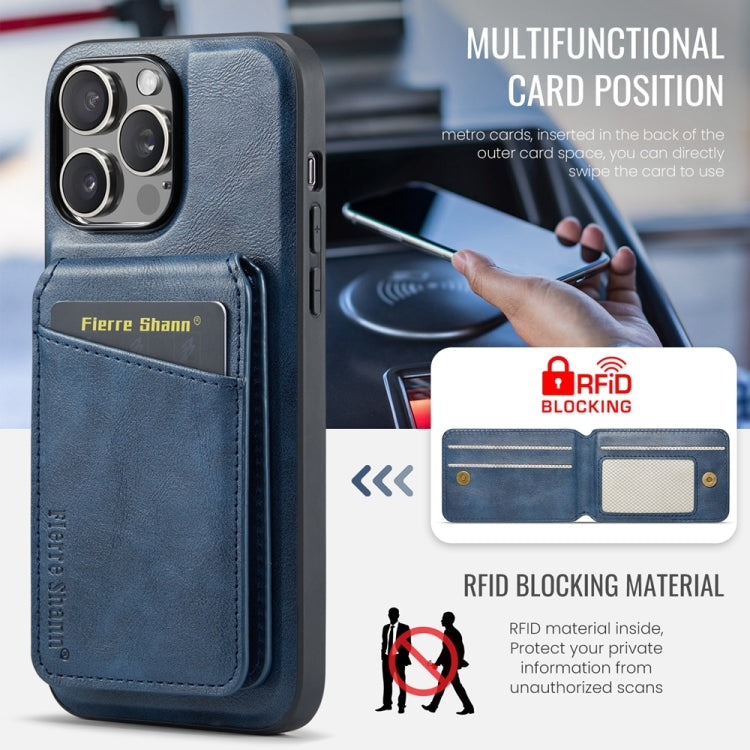 For iPhone 15 Pro Fierre Shann Cowhide Vertical Flip Magnetic Card Holder Phone Case(Blue)