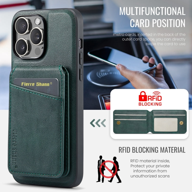 For iPhone 14 Pro Max Fierre Shann Cowhide Vertical Flip Magnetic Card Holder Phone Case(Green)