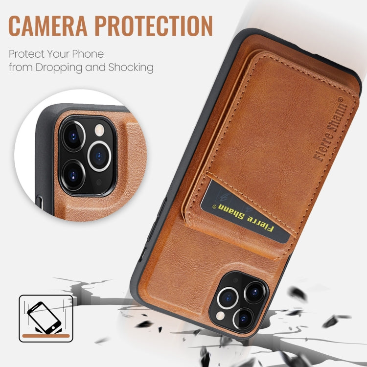 For iPhone 11 Pro Max Fierre Shann Cowhide Vertical Flip Magnetic Card Holder Phone Case(Brown)