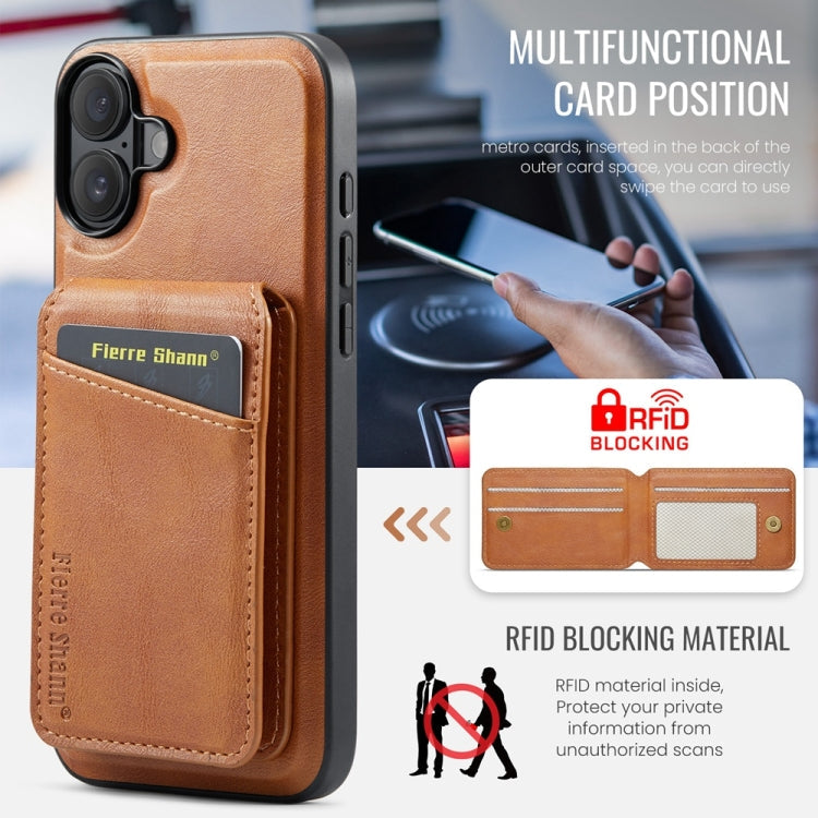 For iPhone 16 Plus Fierre Shann Cowhide Vertical Flip Magnetic Card Holder Phone Case(Brown)