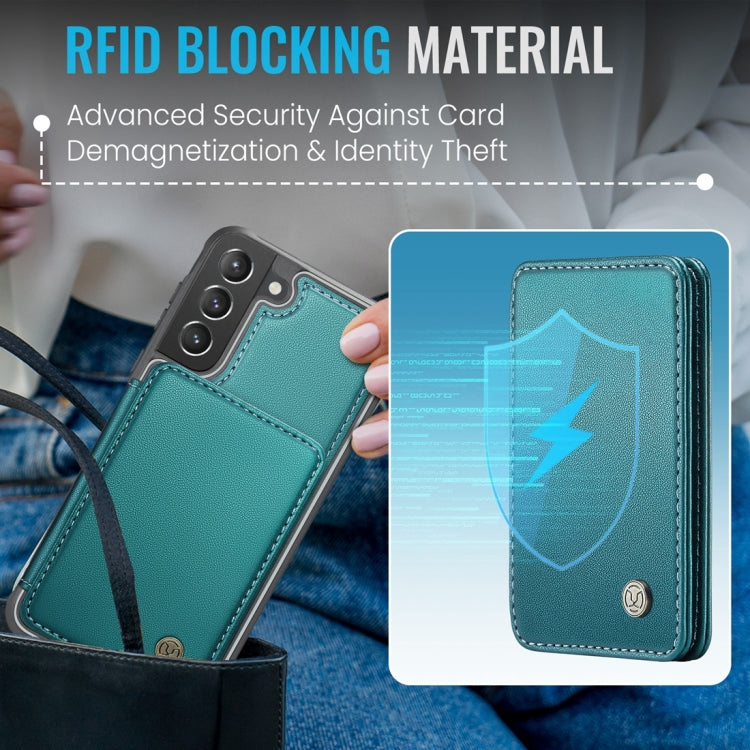 For Samsung Galaxy S21 5G JEEHOOD J05 Business Magnetic Style RFID Leather Phone Case(Blue Green)