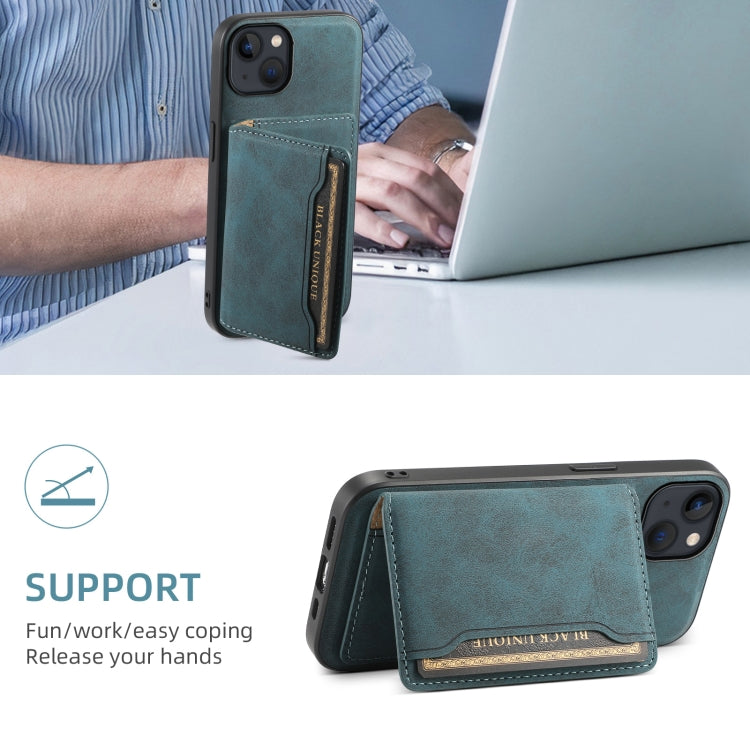 For iPhone 13 / 14 Denior D13 Retro Texture Leather MagSafe Card Bag Phone Case(Blue)