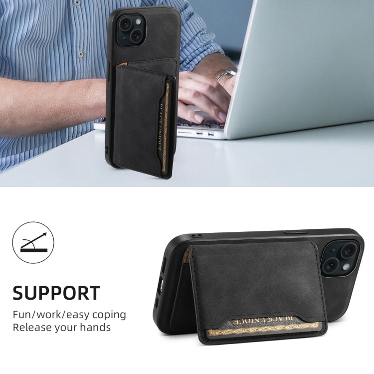 For iPhone 15 Plus Denior D13 Retro Texture Leather MagSafe Card Bag Phone Case(Black)