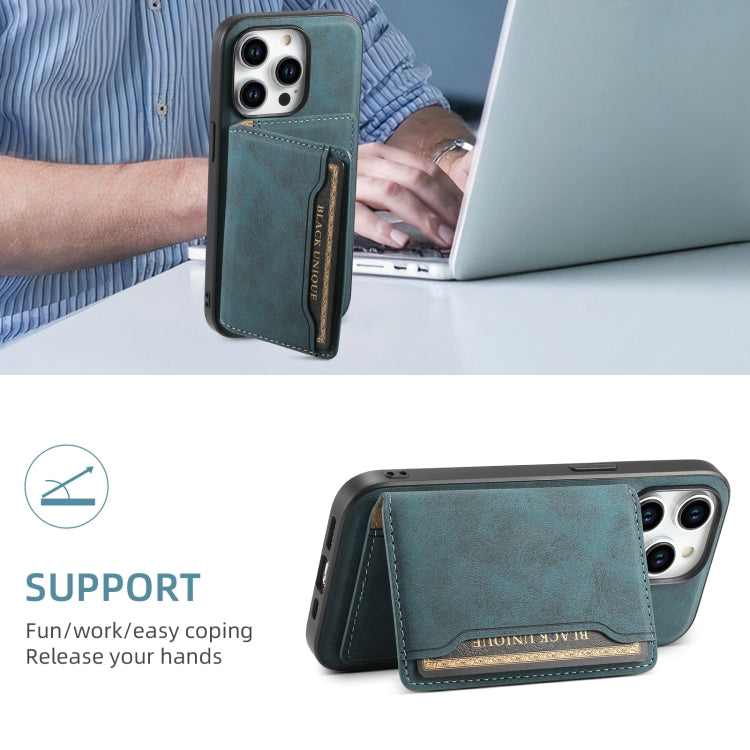 For iPhone 15 Pro Denior D13 Retro Texture Leather MagSafe Card Bag Phone Case(Blue)