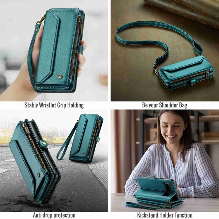 For Google Pixel 8 CaseMe C36 Card Slots Zipper Wallet RFID Anti-theft Leather Phone Case(Blue-green)