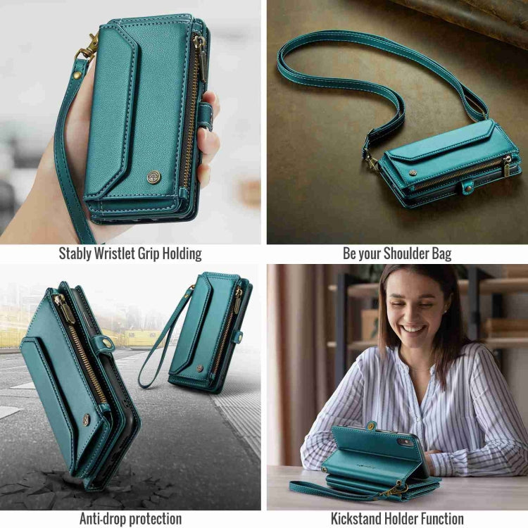 For iPhone XS / X CaseMe C36 Card Slots Zipper Wallet RFID Anti-theft Leather Phone Case(Blue-green)