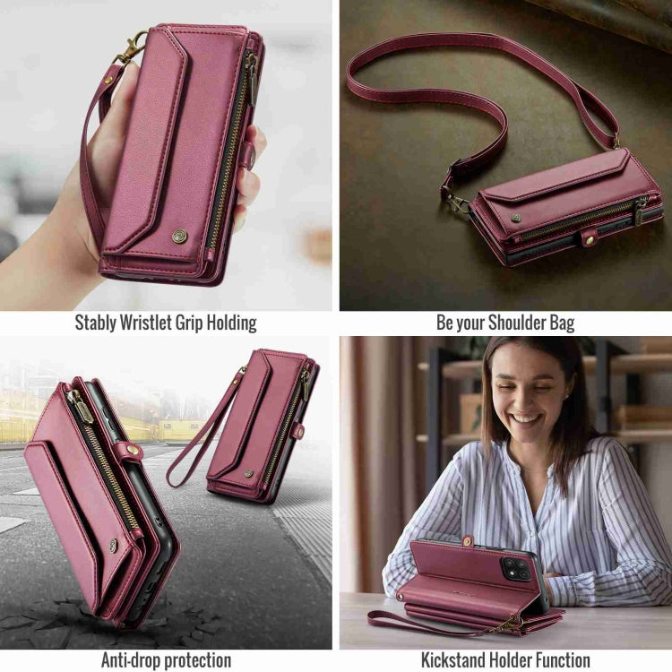 For Samsung Galaxy A22 5G CaseMe C36 Card Slots Zipper Wallet RFID Anti-theft Leather Phone Case(Wine Red)