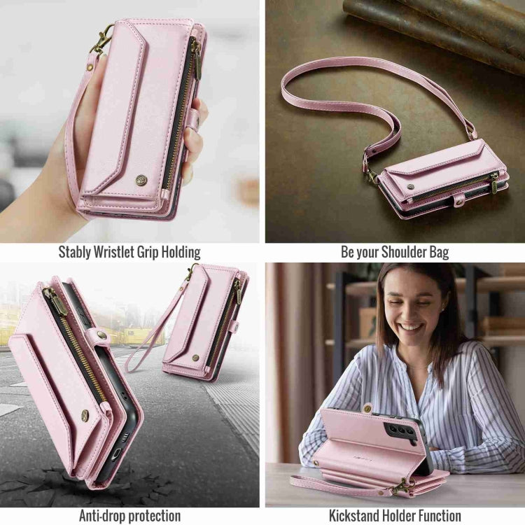 For Samsung Galaxy S21+ 5G CaseMe C36 Card Slots Zipper Wallet RFID Anti-theft Leather Phone Case(Pink)