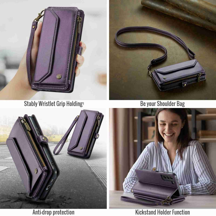 For Samsung Galaxy S21 5G CaseMe C36 Card Slots Zipper Wallet RFID Anti-theft Leather Phone Case(Purple)