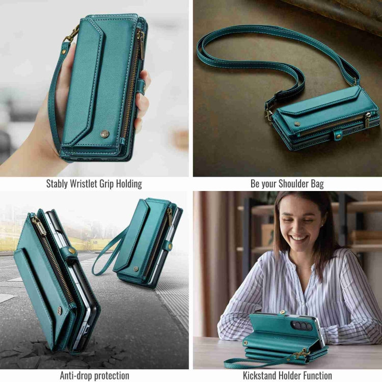 For Samsung Galaxy Z Fold4 CaseMe C36 Card Slots Zipper Wallet RFID Anti-theft Leather Phone Case(Blue-green)