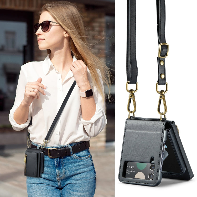 For Samsung Galaxy Z Flip4 5G DG.MING M5 Series Zip RFID Multi Card Detachable Leather Phone Case with Long Lanyard(Black)