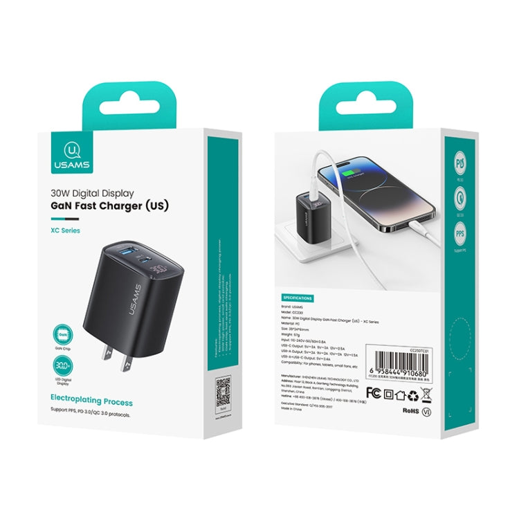 USAMS CC230 30W USB+USB-C / Type-C Dual Port GaN Digital Display Charger, Specifications: US Plug(White)