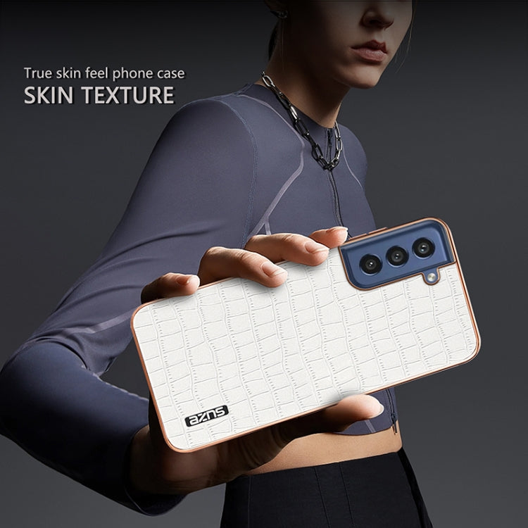 For Samsung Galaxy S21 FE 5G AZNS Electroplated Frame Crocodile Texture Full Coverage Phone Case(White)