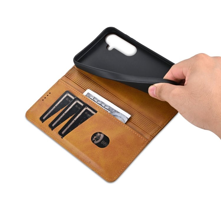 For Samsung Galaxy S25 5G AZNS Magnetic Calf Texture Flip Leather Phone Case(Light Brown)