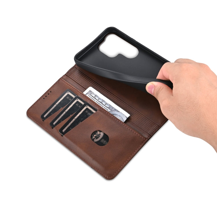 For Samsung Galaxy S25 Ultra 5G AZNS Magnetic Calf Texture Flip Leather Phone Case(Dark Brown)