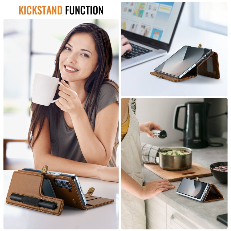 For Samsung Galaxy Z Fold6 5G CaseMe C22 PC+TPU Business Style RFID Anti-theft Lanyard Leather Phone Case with Pen Slot(Brown)