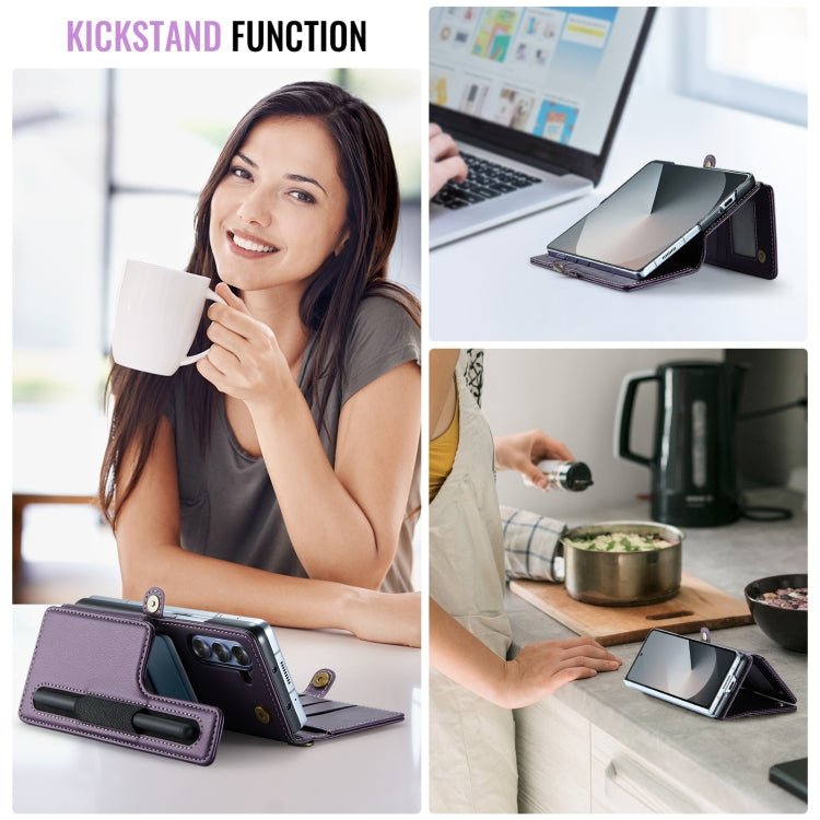 For Samsung Galaxy Z Fold6 5G CaseMe C22 PC+TPU Business Style RFID Anti-theft Lanyard Leather Phone Case with Pen Slot(Purple)