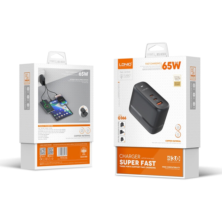 LDNIO Q366 65W USB + Dual Type-C Port Charger with 1m USB-C / Type-C to USB-C / Type-C Data Cable, Plug Type:EU Plug(Black)